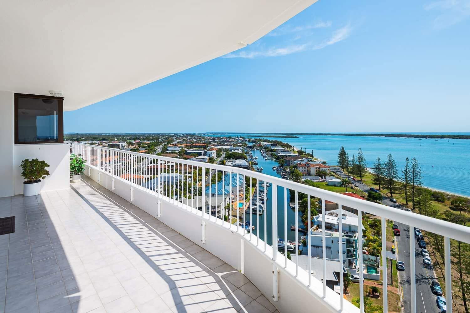 Covered balcony overlooking the Broadwater and canals