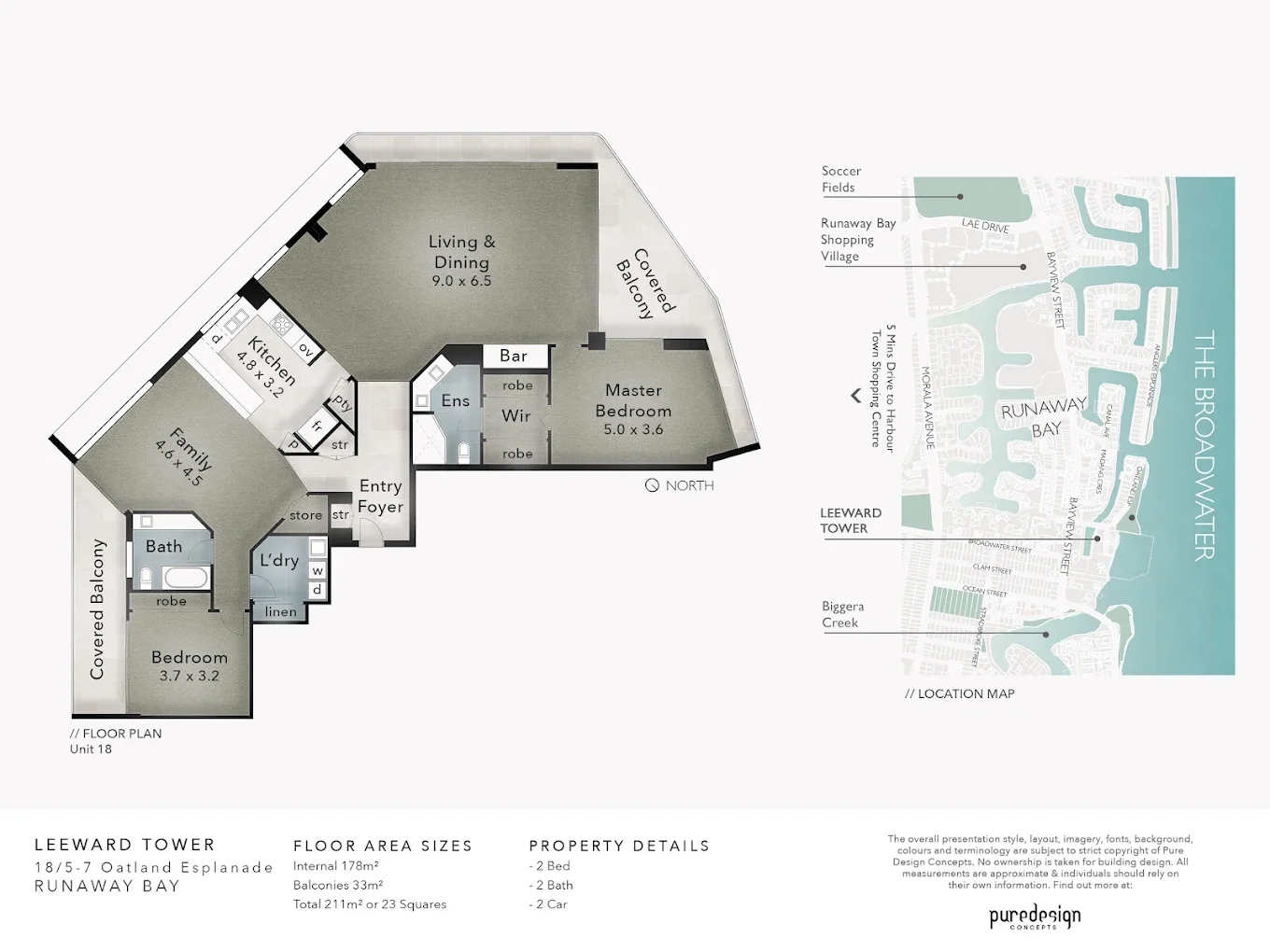 Floor plan of Residence 18: living and dining, kitchen, family room, master bedroom with walk-in robe and ensuite, second bedroom, bathroom, laundry and two covered balconies